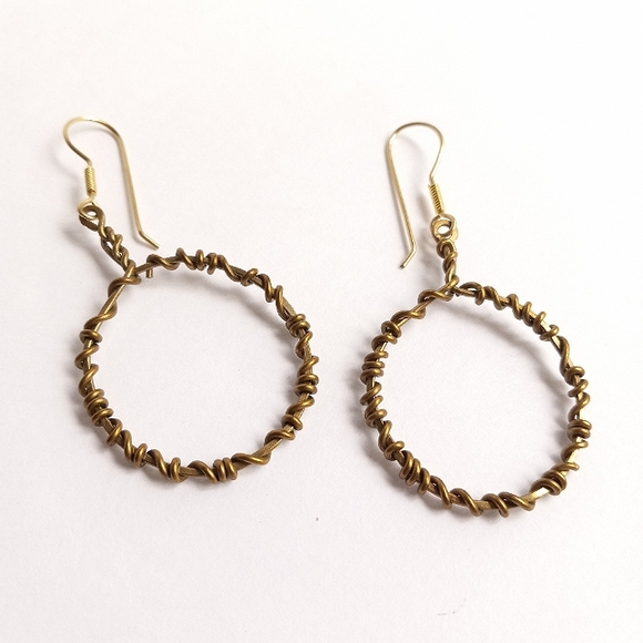 BRASS WRAPPED CIRCLE DANGLE HOOP EARRINGS - Picture 2 of 2